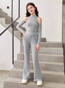 SHEIN 青少年女孩小高領挖肩T恤和喇叭褲 - 灰色 - 查看 5