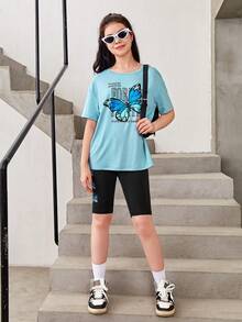 SHEIN Khẩu hiệu dành cho các cô gái tuổi teen & Áo thun trễ vai in hình bươm bướm & Quần short Biker - Nhiều màu - Xem 3