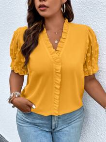 Calvaya 大碼圓點褶邊泡泡袖襯衫 - 黃色 - 查看 4