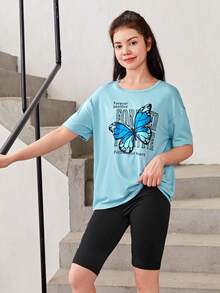 SHEIN Khẩu hiệu dành cho các cô gái tuổi teen & Áo thun trễ vai in hình bươm bướm & Quần short Biker - Nhiều màu - Xem 5