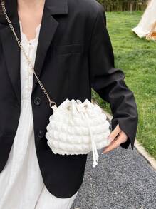 時尚素色迷你水桶包適合女士帶鏈子帶斜肩包 - 白色 - 查看 6