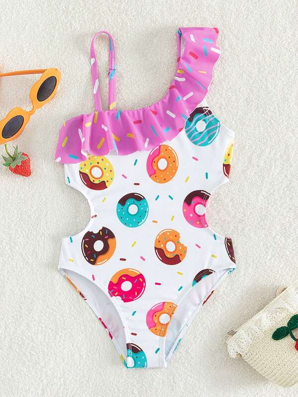 Toddler Girls Donuts Print Cut Out Ruffle Trim One Piece Swimsuit SHEIN USA