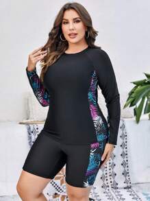 Swim SPRTY Camiseta de protección solar con manga larga de estampado tropical de talla grande para playa de verano