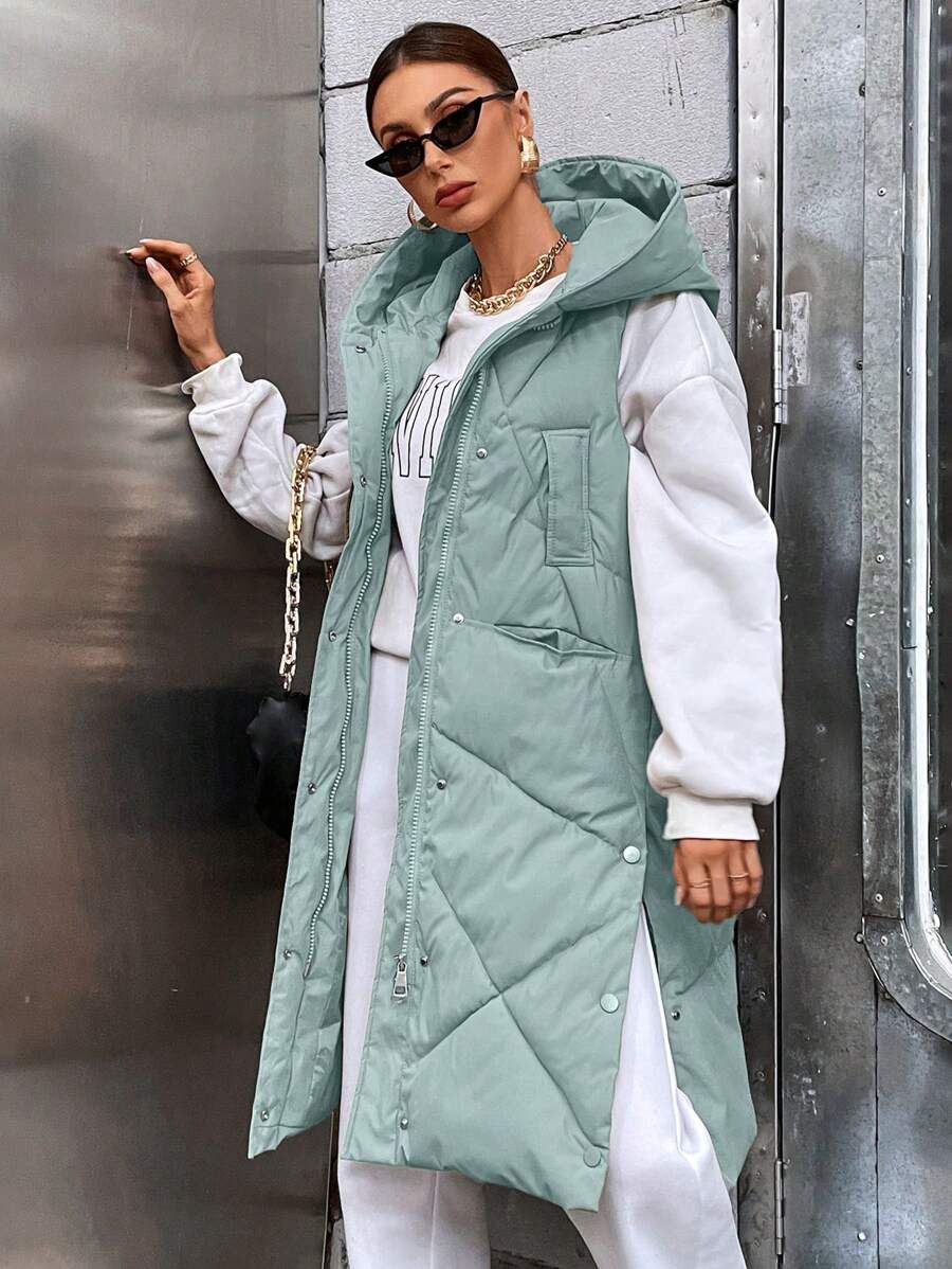 SHEIN EZwear Women's Solid Color Zipper Front Long Hooded Sleeveless Padded Casual Jacket, Winter - Baby Blue - View 1