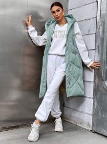 SHEIN EZwear Women's Solid Color Zipper Front Long Hooded Sleeveless Padded Casual Jacket, Winter - Baby Blue - View 3