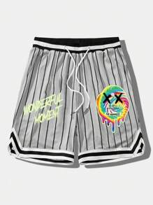 Manfinity EMRG 男士條紋和字母圖案腰部抽繩短褲 - 淺灰色 - 查看 4