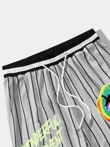 Manfinity EMRG 男士條紋和字母圖案腰部抽繩短褲 - 淺灰色 - 查看 5
