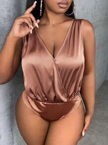 SHEIN SXY Plus Surplice Neck Satin Bodysuit - Dusty Pink - View 2