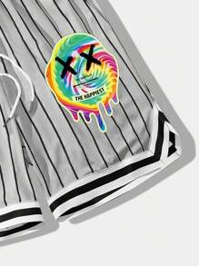 Manfinity EMRG 男士條紋和字母圖案腰部抽繩短褲 - 淺灰色 - 查看 7