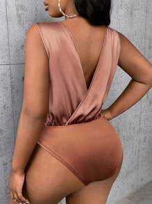 SHEIN SXY Plus Surplice Neck Satin Bodysuit - Dusty Pink - View 1