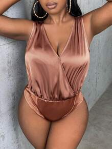 SHEIN SXY Plus Surplice Neck Satin Bodysuit - Dusty Pink - View 3