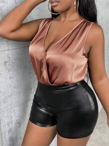 SHEIN SXY Plus Surplice Neck Satin Bodysuit - Dusty Pink - View 5