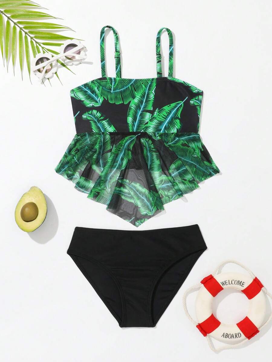 Young Girl Tropical Print Ruffle Hem Bikini Set Summer Beach - Multicolor - View 1
