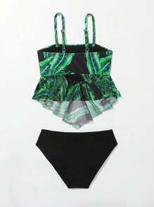 Young Girl Tropical Print Ruffle Hem Bikini Set Summer Beach - Multicolor - View 2