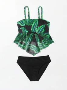 Young Girl Tropical Print Ruffle Hem Bikini Set Summer Beach - Multicolor - View 5