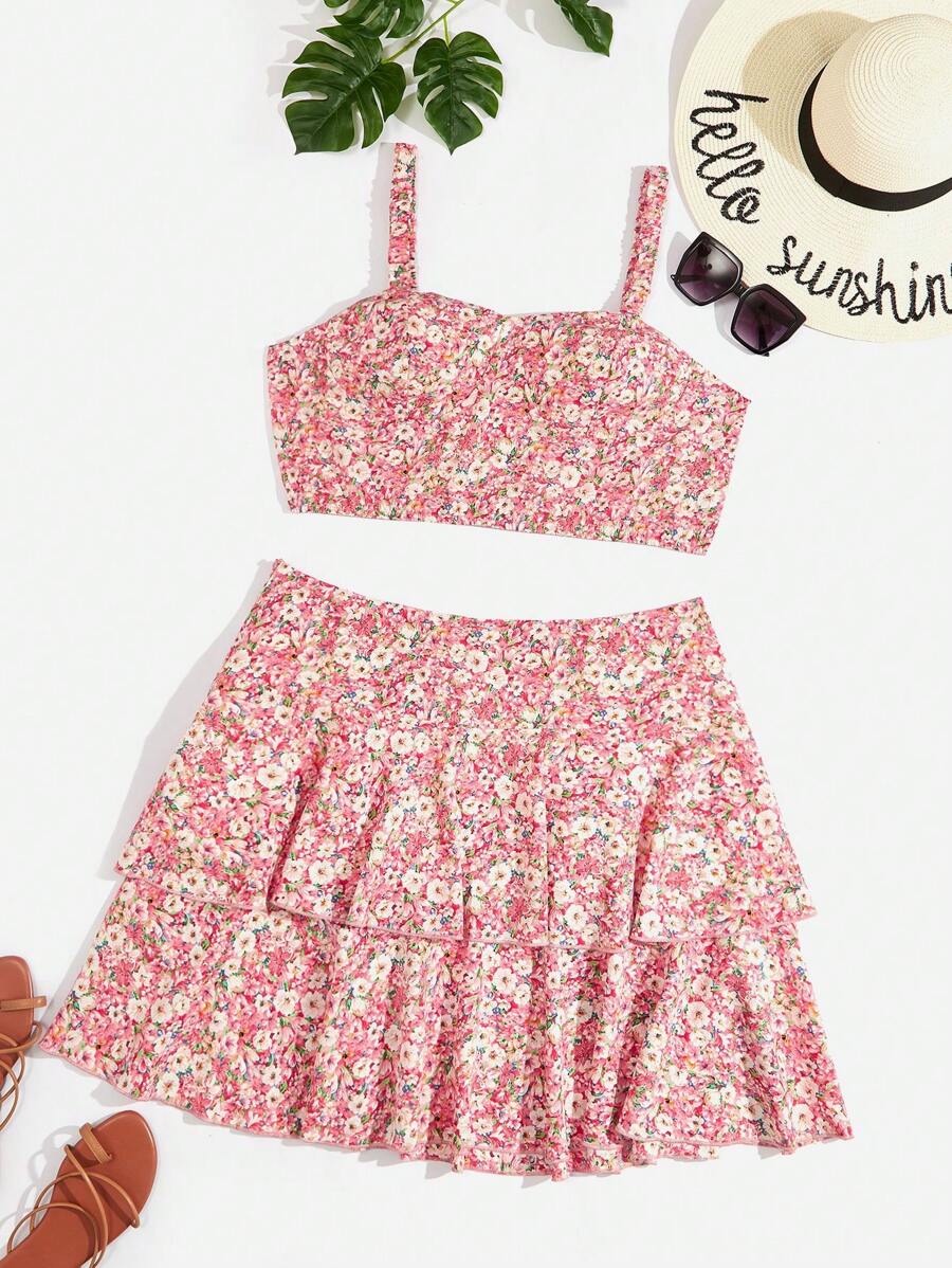 SHEIN VCAY 大碼小碎花吊帶上衣和層疊下擺半身裙