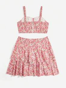 SHEIN VCAY 大碼小碎花吊帶上衣和層疊下擺半身裙