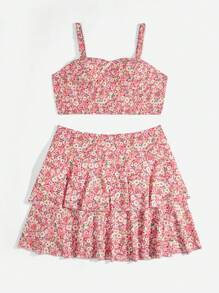 SHEIN VCAY 大碼小碎花吊帶上衣和層疊下擺半身裙