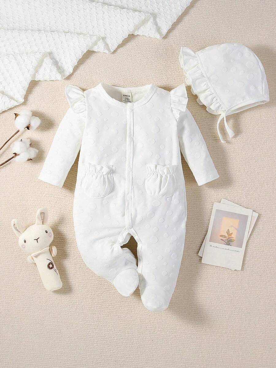 嬰兒女孩荷葉邊雙口袋連身衣和帽子