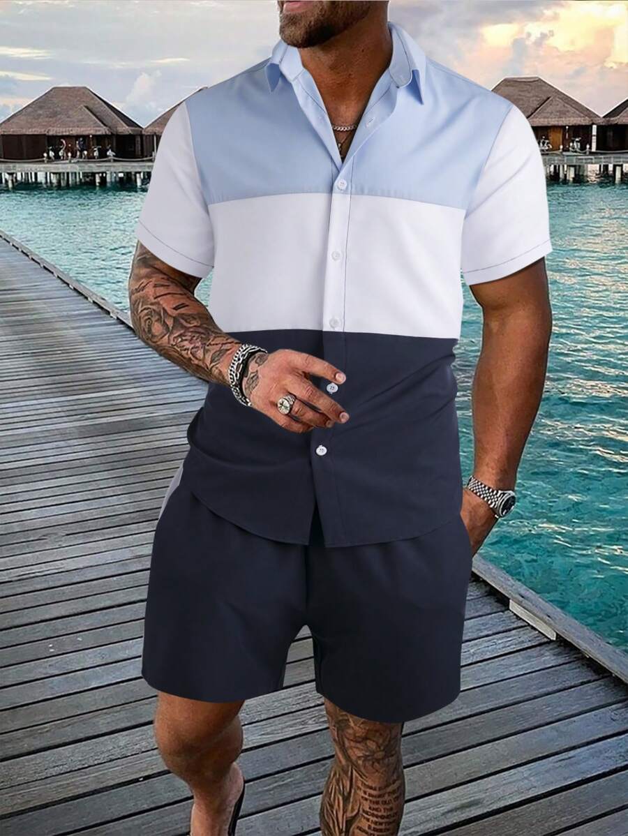 Manfinity RSRT 男士撞色襯衫和腰部抽繩短褲不帶T恤 - 藍白色 - 查看 1