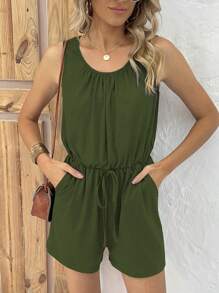 SHEIN LUNE 素色腰上打結斜口袋連身短褲 - 軍綠色 - 查看 3