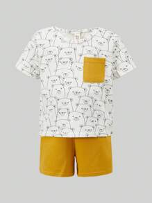 男嬰卡通圖案T恤和短褲和帽和包