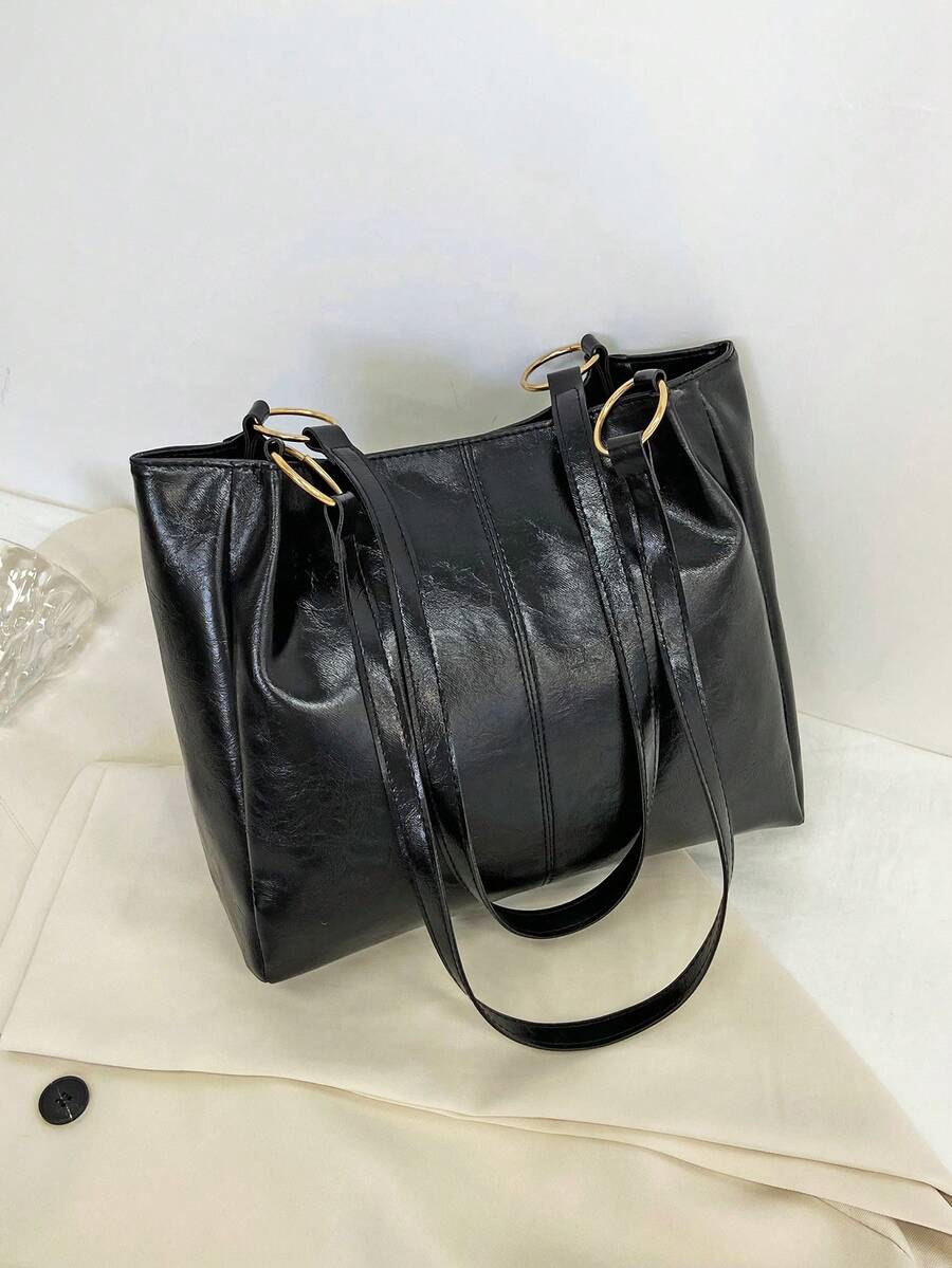 Fashionable Solid Colour Simple Square Shape Women's Shoulder Bag - Black - View 1