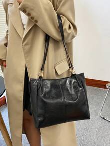 Fashionable Solid Colour Simple Square Shape Women's Shoulder Bag - Black - View 3