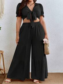 SHEIN VCAY Plus Tie Front Crop Top & Wide Leg Summer Pants - Black - View 1