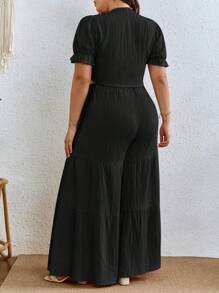 SHEIN VCAY Plus Tie Front Crop Top & Wide Leg Summer Pants - Black - View 2