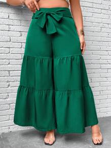 SHEIN Clasi Quần Plus Size Viên lá sen Thắt nơ trước màu trơn Giải trí - màu xanh lá - Xem 1