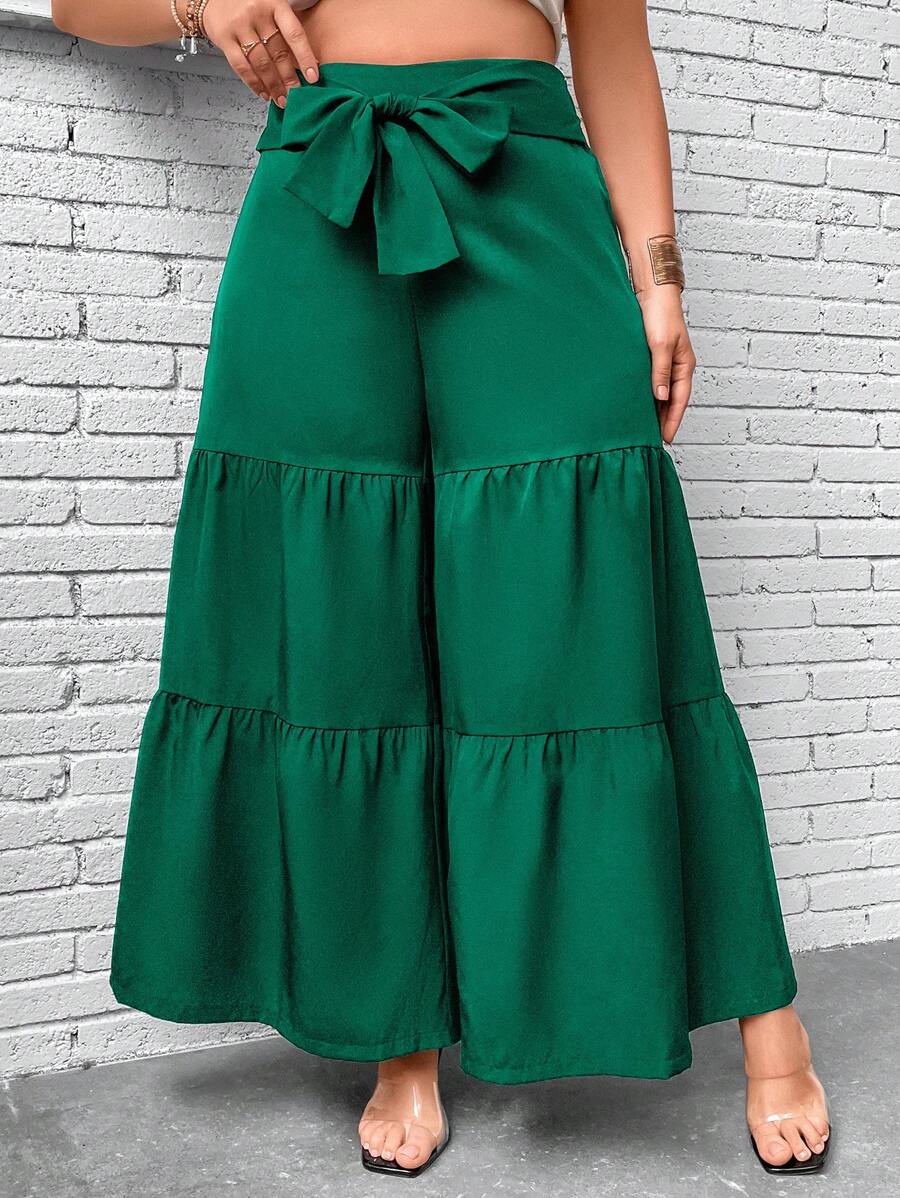 SHEIN Clasi Quần Plus Size Viên lá sen Thắt nơ trước màu trơn Giải trí - màu xanh lá - Xem 1