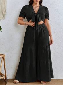 SHEIN VCAY Plus Tie Front Crop Top & Wide Leg Summer Pants - Black - View 3