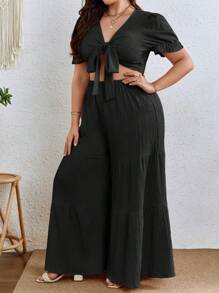SHEIN VCAY Plus Tie Front Crop Top & Wide Leg Summer Pants - Black - View 4