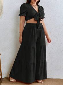 SHEIN VCAY Plus Tie Front Crop Top & Wide Leg Summer Pants - Black - View 5