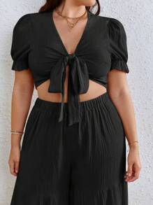 SHEIN VCAY Plus Tie Front Crop Top & Wide Leg Summer Pants - Black - View 6