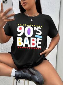 SHEIN EZwear Plus Letter Graphic Tee - Black - View 1