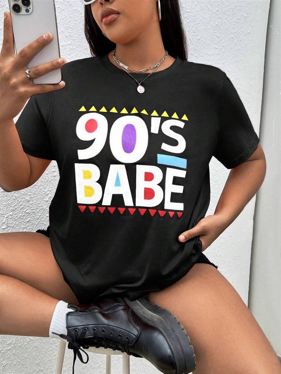 SHEIN EZwear Plus Letter Graphic Tee - Black - View 1