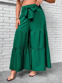 SHEIN Clasi Quần Plus Size Viên lá sen Thắt nơ trước màu trơn Giải trí - màu xanh lá - Xem 4