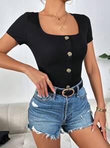 SHEIN Privé 方領前紐扣T恤 - 黑色 - 查看 3