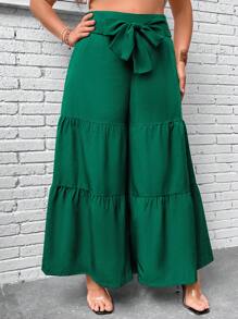 SHEIN Clasi Quần Plus Size Viên lá sen Thắt nơ trước màu trơn Giải trí - màu xanh lá - Xem 5