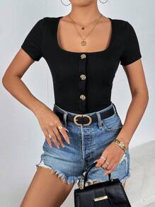 SHEIN Privé 方領前紐扣T恤 - 黑色 - 查看 4