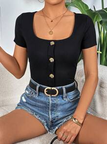 SHEIN Privé 方領前紐扣T恤 - 黑色 - 查看 5