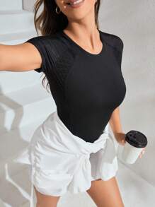 Yoga Basic 素色運動T恤 - 黑色 - 查看 3