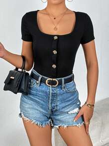 SHEIN Privé 方領前紐扣T恤 - 黑色 - 查看 6