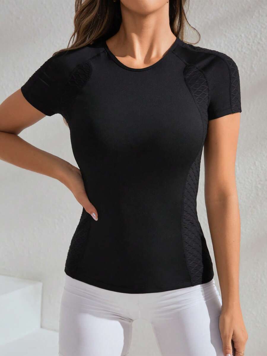 Yoga Basic 素色運動T恤 - 黑色 - 查看 1