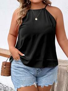 SHEIN VCAY 大碼素色吊帶上衣 - 黑色 - 查看 3