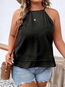 SHEIN VCAY 大碼素色吊帶上衣 - 黑色 - 查看 5