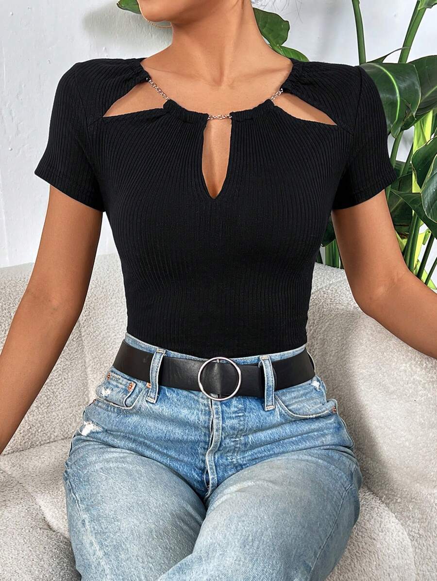 SHEIN Privé 前鏤空條紋針織T恤 - 黑色 - 查看 1