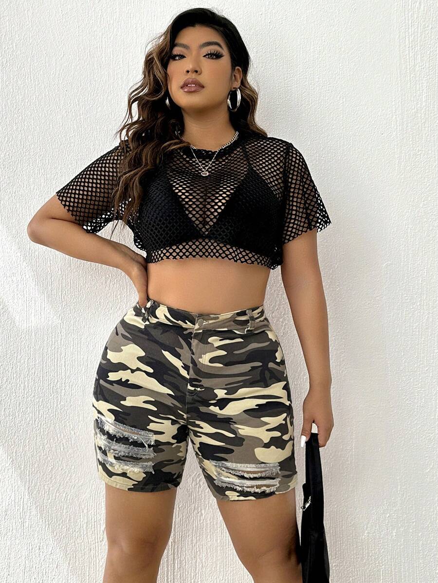 SHEIN Coolane Plus Camo Print Ripped Denim Shorts - Multicolor - View 1